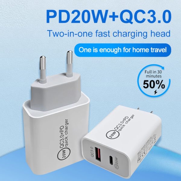 20 W PD Type-C + QC 3.0 USB-interface Snelladende reislader met USB naar Type-C snelladende datakabel, EU Plug, US Plug, AU Plug