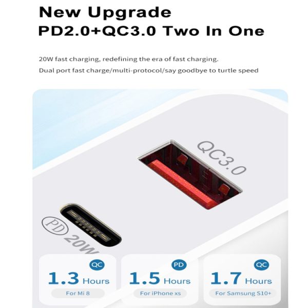 20 W PD Type-C + QC 3.0 USB-interface Snelladende reislader met USB naar Type-C snelladende datakabel, EU Plug, US Plug, AU Plug