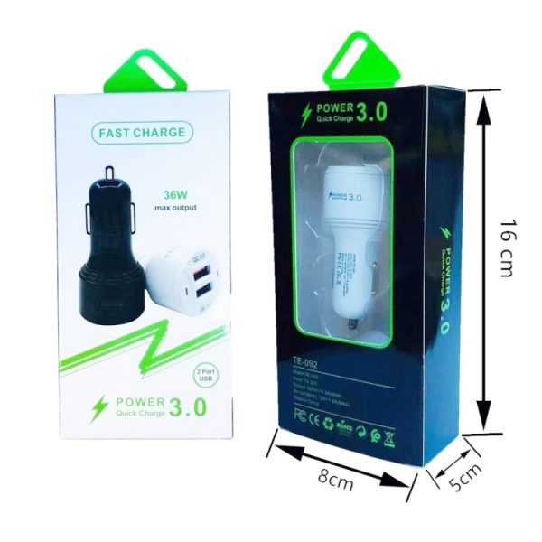 TE-092 36W dubbele QC3.0 USB snelle autolader + USB naar micro-USB datakabelset, with Micro USB Cable