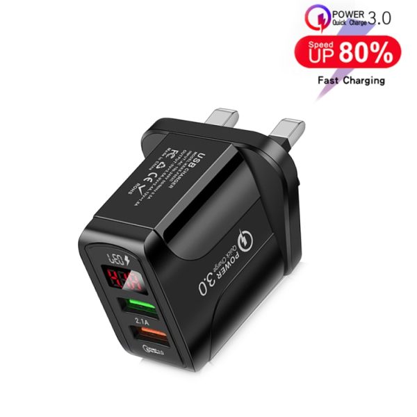 F002C QC3.0 USB + USB 2.0 snellader met digitaal LED-display voor mobiele telefoons en tablets, UK-stekker, UK Plug