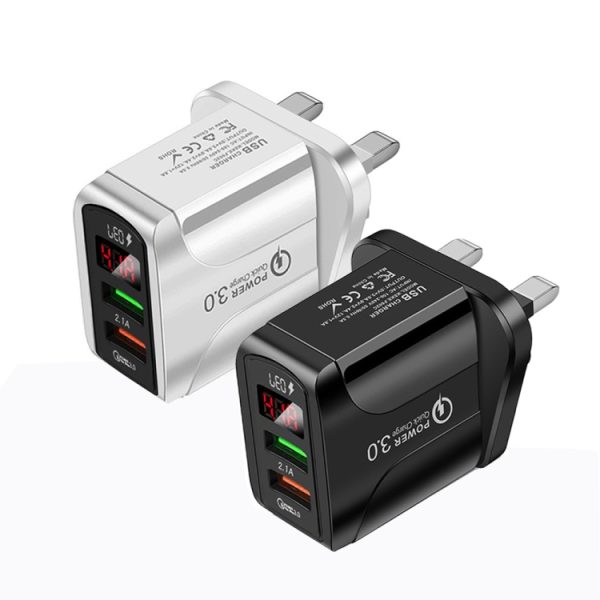 F002C QC3.0 USB + USB 2.0 snellader met digitaal LED-display voor mobiele telefoons en tablets, UK-stekker, UK Plug