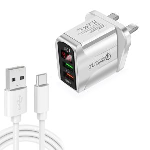 F002C QC3.0 USB + USB 2.0 led digitaal display snellader met USB naar type-C datakabel, UK-stekker, UK Plug +  Type-C Cable