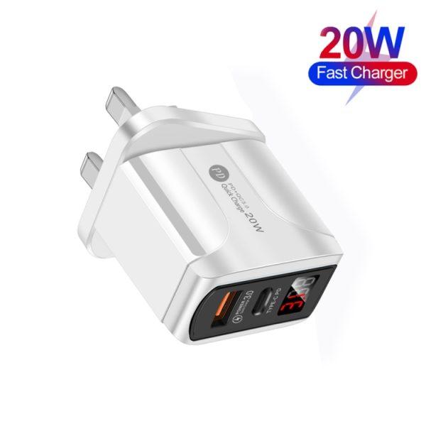 F002C QC3.0 USB + USB 2.0 led digitaal display snellader met USB naar type-C datakabel, UK-stekker, UK Plug +  Type-C Cable