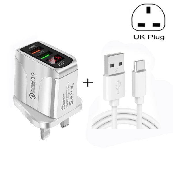 F002C QC3.0 USB + USB 2.0 led digitaal display snellader met USB naar type-C datakabel, UK-stekker, UK Plug +  Type-C Cable