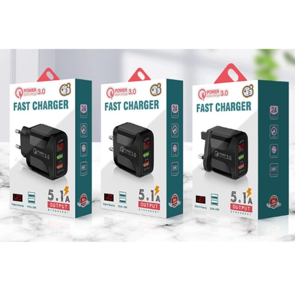F002C QC3.0 USB + USB 2.0 led digitaal display snellader met USB naar type-C datakabel, UK-stekker, UK Plug +  Type-C Cable
