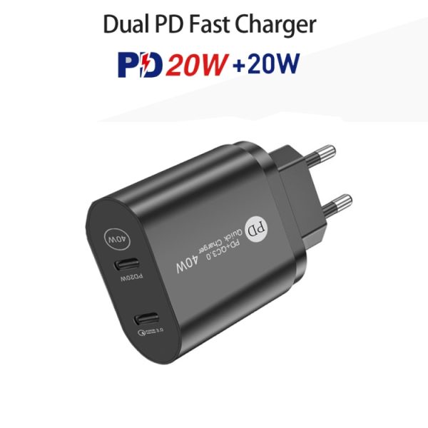 002 40W PD3.0 Dual Port USB-C / Type-C oplader met Type-C naar Type-C datakabel, EU-stekker, EU Plug + Type-C to Type-C Cable