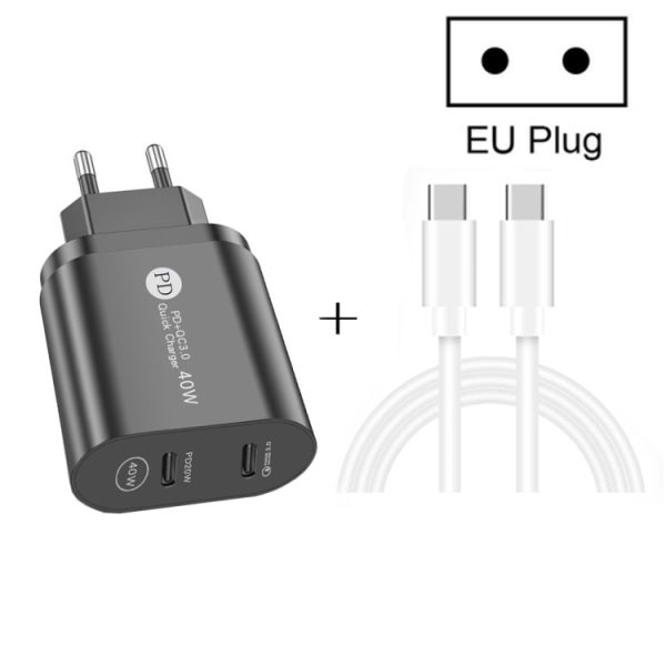 002 40W PD3.0 Dual Port USB-C / Type-C oplader met Type-C naar Type-C datakabel, EU-stekker, EU Plug + Type-C to Type-C Cable