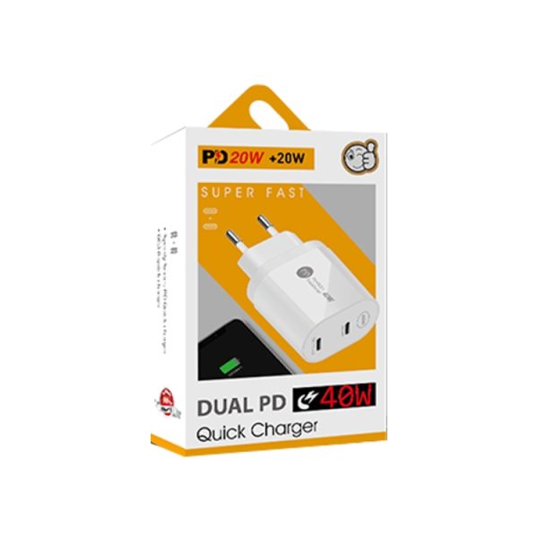 002 40W PD3.0 Dual Port USB-C / Type-C oplader met Type-C naar Type-C datakabel, EU-stekker, EU Plug + Type-C to Type-C Cable