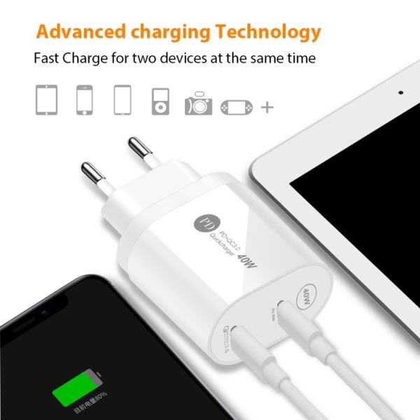 002 40W PD3.0 Dual Port USB-C / Type-C oplader met Type-C naar Type-C datakabel, EU-stekker, EU Plug + Type-C to Type-C Cable