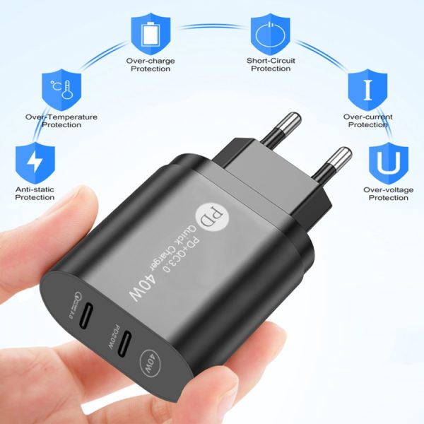 002 40W PD3.0 Dual Port USB-C / Type-C oplader met Type-C naar Type-C datakabel, EU-stekker, EU Plug + Type-C to Type-C Cable