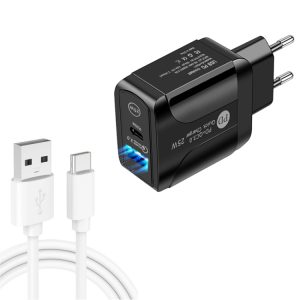PD25W USB-C / Type-C + QC3.0 USB dubbele poort snellader met USB naar type-C datakabel, EU-stekker, EU Plug + USB to Type-C Cable