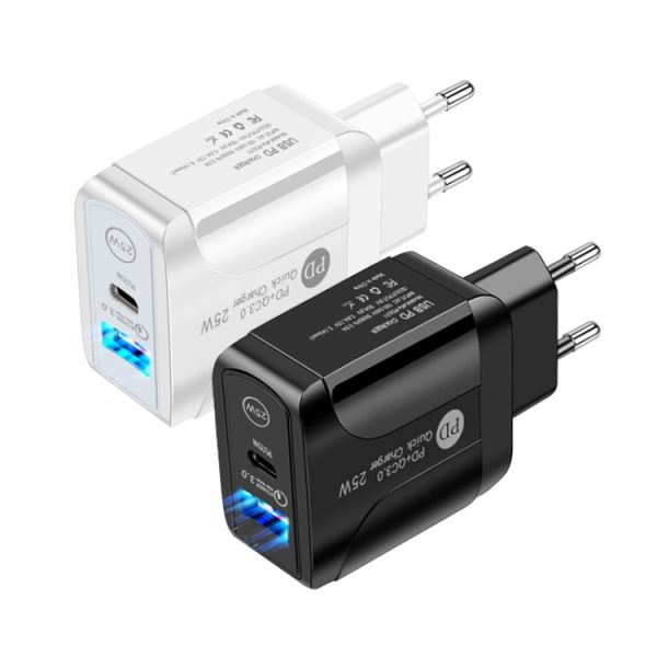 PD25W USB-C / Type-C + QC3.0 USB dubbele poort snellader met USB naar type-C datakabel, EU-stekker, EU Plug + USB to Type-C Cable