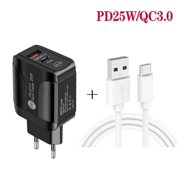PD25W USB-C / Type-C + QC3.0 USB dubbele poort snellader met USB naar type-C datakabel, EU-stekker, EU Plug + USB to Type-C Cable