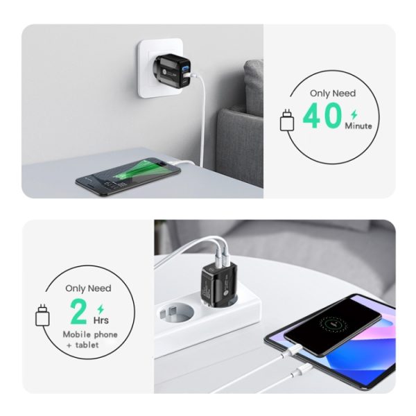 PD25W USB-C / Type-C + QC3.0 USB dubbele poort snellader met USB naar type-C datakabel, EU-stekker, EU Plug + USB to Type-C Cable