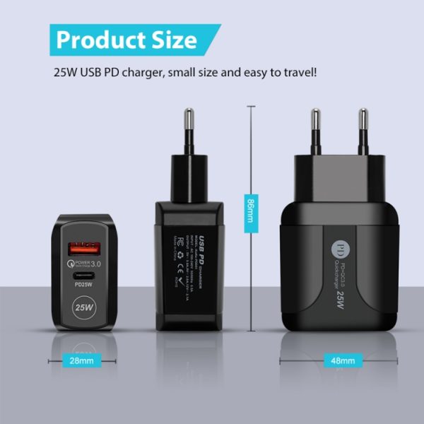PD25W USB-C / Type-C + QC3.0 USB dubbele poort snellader met USB naar type-C datakabel, EU-stekker, EU Plug + USB to Type-C Cable