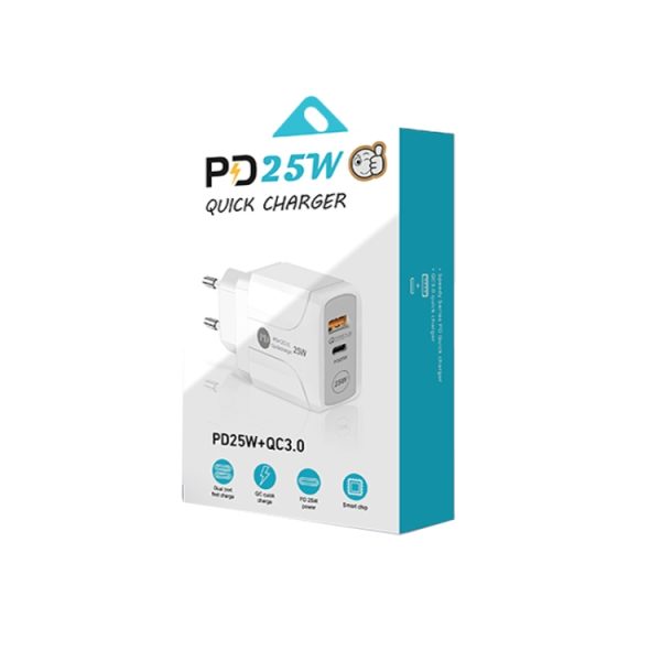 PD25W USB-C / Type-C + QC3.0 USB dubbele poort snellader met USB naar type-C datakabel, EU-stekker, EU Plug + USB to Type-C Cable
