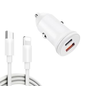 WKN-707 PD 20W USB-C / Type-C + QC 3.0 25W USB mini-autolader met USB-C / Type-C naar 8-pins datakabel, kabellengte: 1m