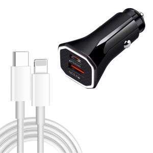TE-P22 38W PD USB-C / Type-C + QC3.0 USB-autolader met 1 m USB-C / Type-C naar 8-pins datakabel, with USB-C / Type-C to 8 Pin Cable