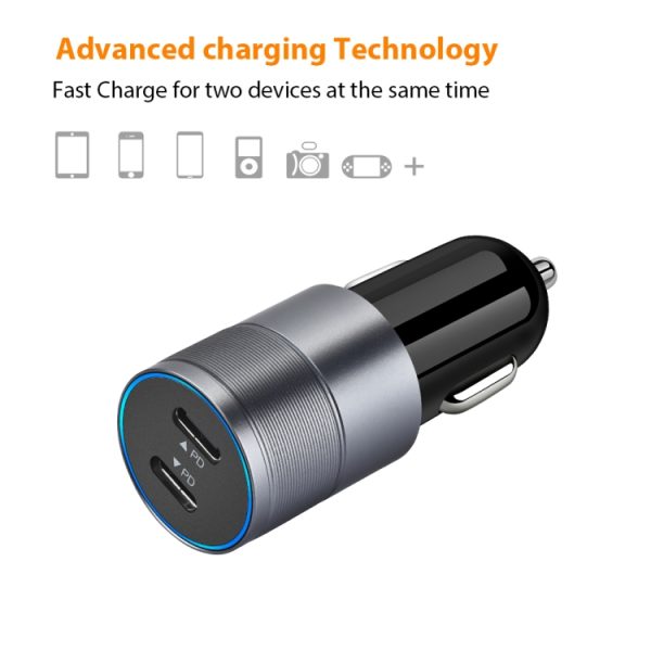 Dubbele PD 3.0 40 W Type-C autolader met 1 m Type-C naar Type-C datakabel, with Dual Type-C Cable