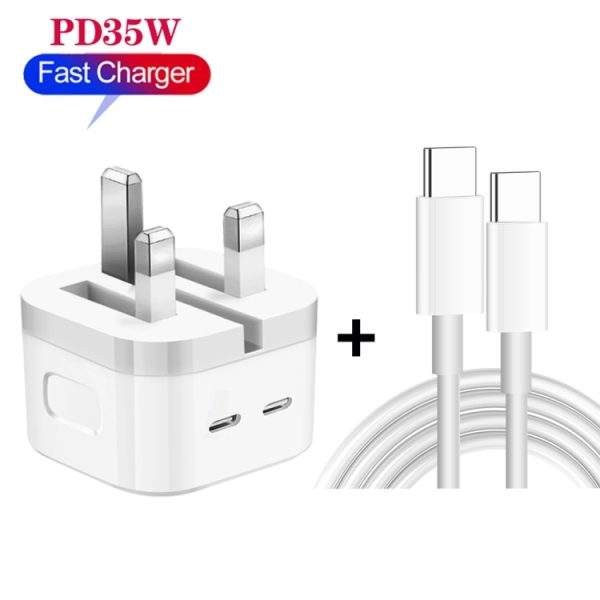 PD 35W dubbele USB-C / Type-C poortlader met Type-C naar Type-C datakabel, UK-stekker, UK Plug + 1m Dual Type-C Cable, UK Plug + 2m Dual Type-C Cable