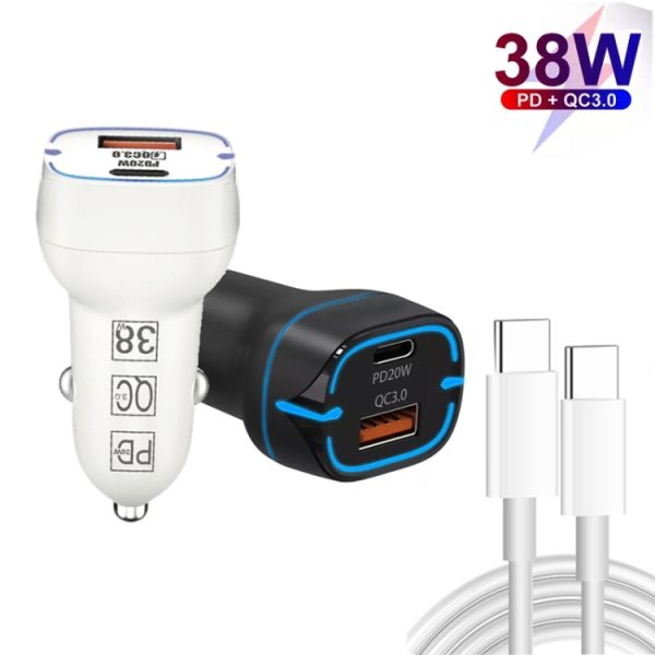 38W PD20W + QC3.0 USB-autolader met Type-C naar Type-C datakabel, lengte: 1m, Type-C to Type-C Cable (White), Type-C to Type-C Cable (Black)