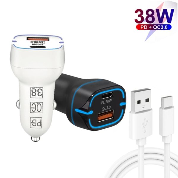 38W PD20W + QC3.0 USB-autolader met USB naar Type-C datakabel, lengte: 1m, USB to Type-C Cable (White), USB to Type-C Cable (Black)