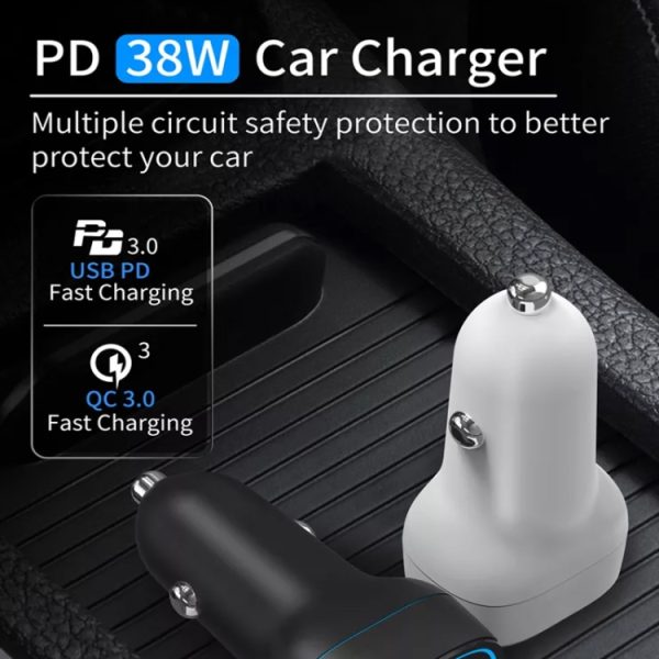 38W PD20W + QC3.0 USB-autolader met USB naar Type-C datakabel, lengte: 1m, USB to Type-C Cable (White), USB to Type-C Cable (Black)