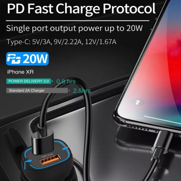 38W PD20W + QC3.0 USB-autolader met USB naar Type-C datakabel, lengte: 1m, USB to Type-C Cable (White), USB to Type-C Cable (Black)