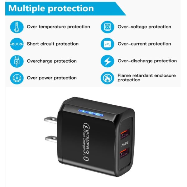 36W Dual Port QC3.0 USB-oplader met 3A USB naar Type-C datakabel, Amerikaanse stekker, US Plug + USB to Type-C Cable