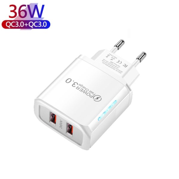 36W Dual Port QC3.0 USB-oplader met 3A USB naar Type-C datakabel, EU-stekker, EU Plug + USB to Type-C Cable