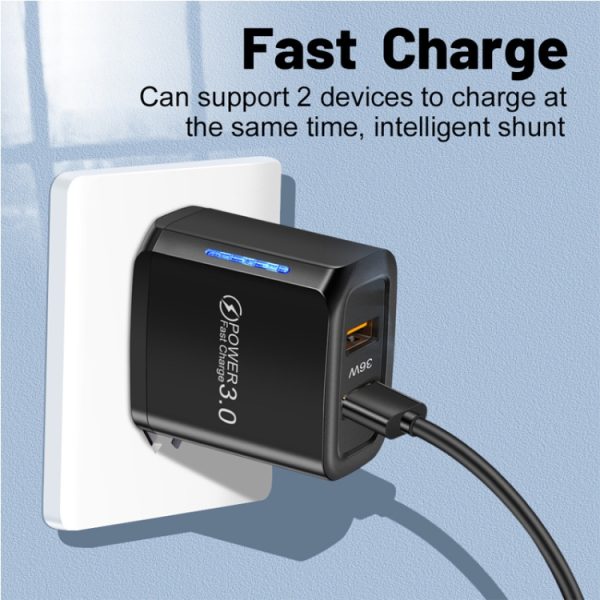 36W Dual Port QC3.0 USB-oplader met 3A USB naar Type-C datakabel, EU-stekker, EU Plug + USB to Type-C Cable