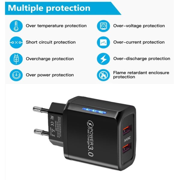 36W Dual Port QC3.0 USB-oplader met 3A USB naar Type-C datakabel, EU-stekker, EU Plug + USB to Type-C Cable