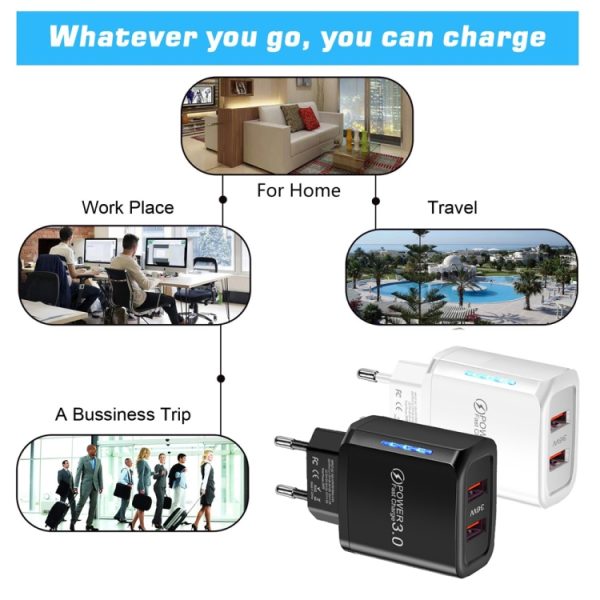 36W Dual Port QC3.0 USB-oplader met 3A USB naar Type-C datakabel, EU-stekker, EU Plug + USB to Type-C Cable