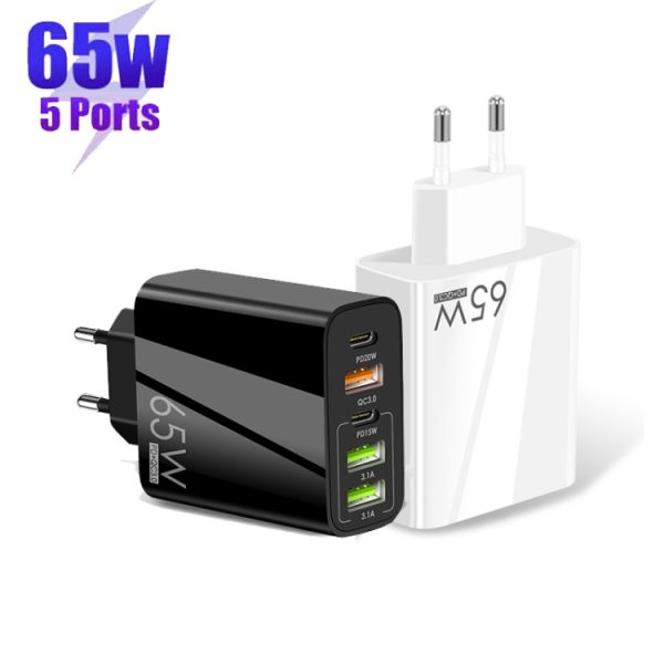65W Dual PD Type-C + 3 x USB Multi Port Charger met 3A Type-C naar Type-C datakabel, US-stekker, EU Plug + Type-C to Type-C Cable