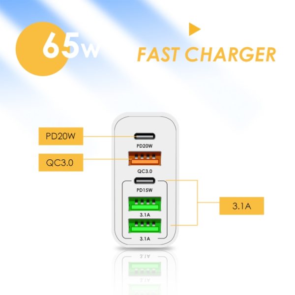 65W Dual PD Type-C + 3 x USB Multi Port Charger met 3A Type-C naar Type-C datakabel, US-stekker, EU Plug + Type-C to Type-C Cable