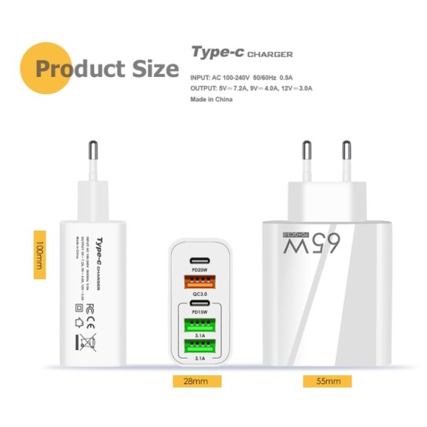 65W Dual PD Type-C + 3 x USB Multi Port Charger met 3A Type-C naar Type-C datakabel, US-stekker, EU Plug + Type-C to Type-C Cable