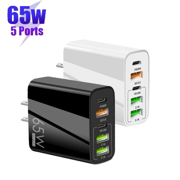 65W Dual PD Type-C + 3 x USB Multi Port Charger met 3A USB naar Type-C datakabel, US-stekker, US Plug + USB to Type-C Cable