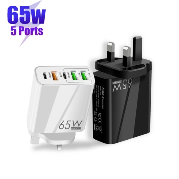 65W Dual PD Type-C + 3 x USB Multi Port Charger met 3A USB naar Type-C datakabel, VK-stekker, UK Plug + USB to Type-C Cable