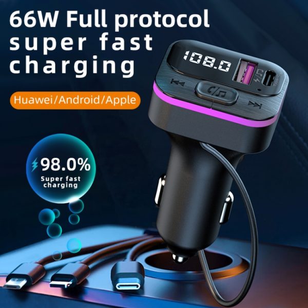 CS3 Met 3 Oplaadkabels 66W Autolader MP3-speler Bluetooth FM-zender