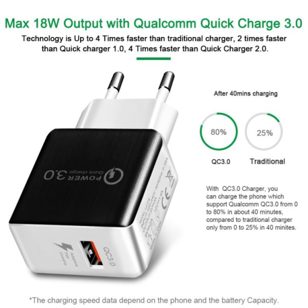 1USB QC 3.0 Draadtrekken Snellader EU-stekker, QC 3.0 Black, QC 3.0 White
