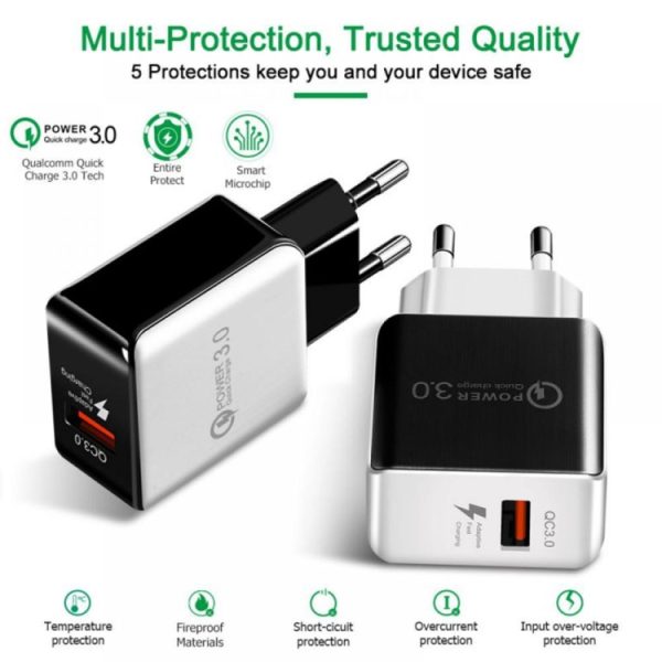 1USB QC 3.0 Draadtrekken Snellader EU-stekker, QC 3.0 Black, QC 3.0 White