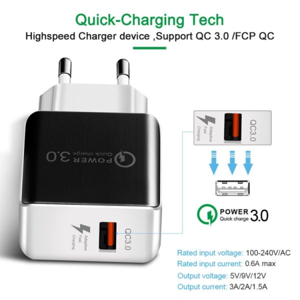 1USB QC 3.0 Draadtrekken Snellader EU-stekker, QC 3.0 Black, QC 3.0 White
