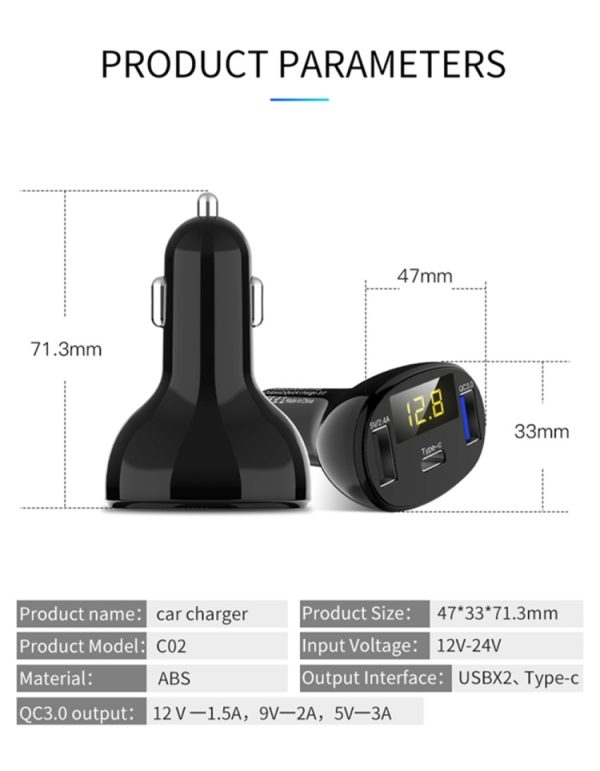 C02 auto-adapter in-car telefoonoplader Type-C snellader QC3.0 dubbele USB-poorten DC5V 2.4A 12 V 24 V sigarettenaansteker Voeding
