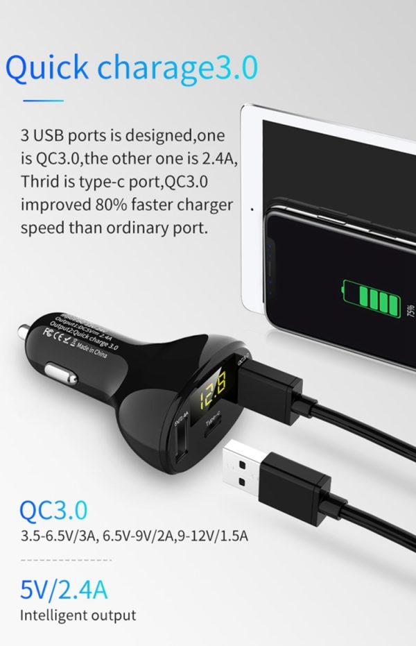 C02 auto-adapter in-car telefoonoplader Type-C snellader QC3.0 dubbele USB-poorten DC5V 2.4A 12 V 24 V sigarettenaansteker Voeding