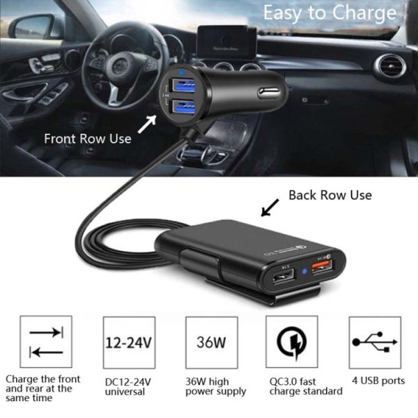 One For Four 8A autolader QC3.0 snelladen 4USB auto voor- en achterbank autolader