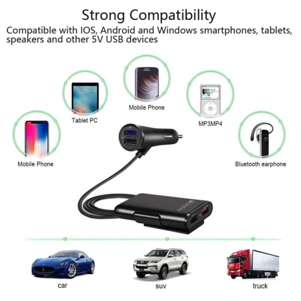 One For Four 8A autolader QC3.0 snelladen 4USB auto voor- en achterbank autolader