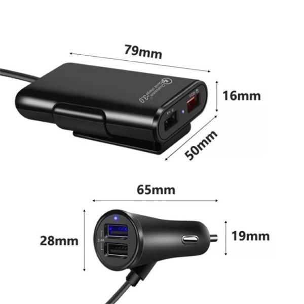 One For Four 8A autolader QC3.0 snelladen 4USB auto voor- en achterbank autolader