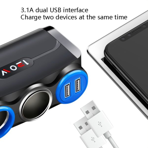 Sigarettenaansteker in de auto Multifunctionele mobiele telefoon opladen USB Car Charge 12/24V adapterstekker, Black Red, Black Blue