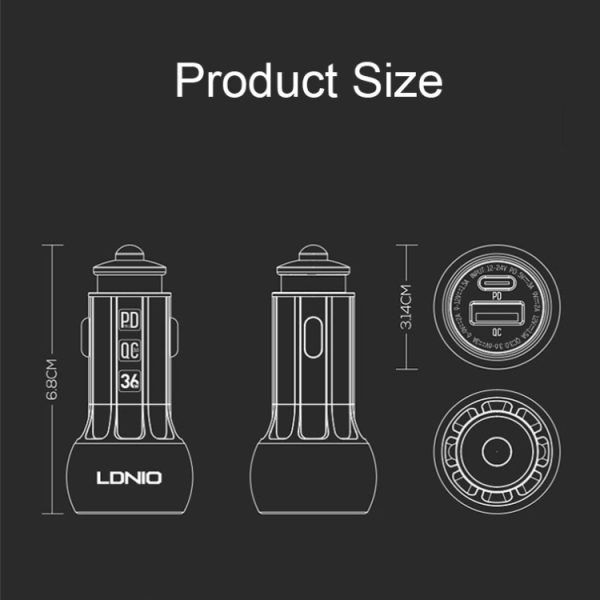 LDNIO C1 36W PD + QC 3.0 Autosnellader Krachtige intelligente USB-autolader, with Micro USB Cable, with 8 Pin Cable, with USB-C/Type-C Cable