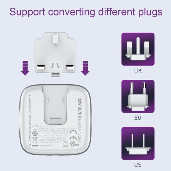 LDNIO A3513Q 32W QC3.0 3 USB-poorten telefoonadapter, US Plug with Micro USB Cable, US Plug with 8 Pin Cable, US Plug with Type-C Cable, US Plug with Type-C to 8 Pin Cable, EU Plug with Micro USB Cable, EU Plug with 8 Pin Cable, EU Plug with Type-C Cab...